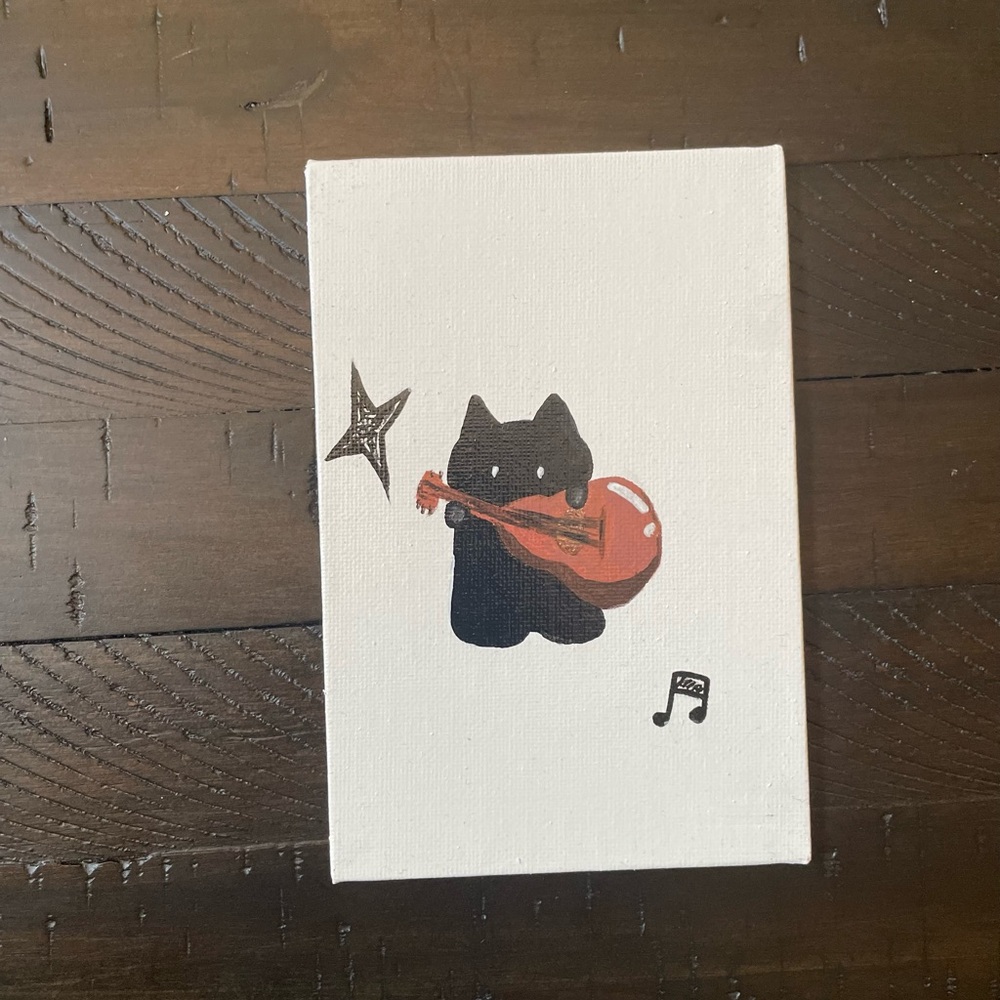 Whimsical Black Cat with Guitar Canvas Art